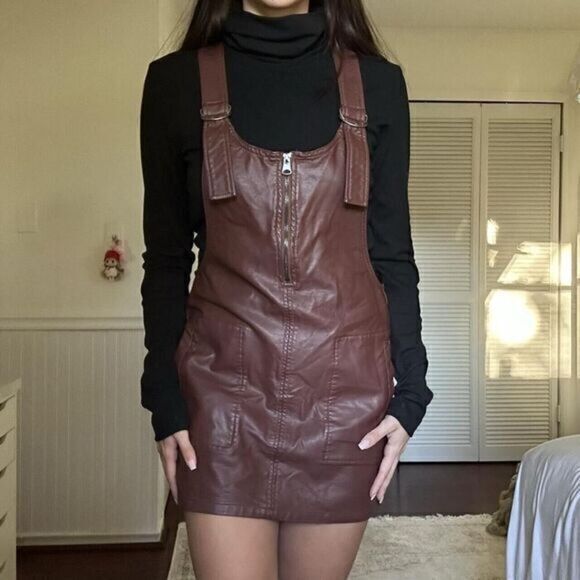 Free People Dress Womens X-Small Burgundy Faux Leather Front Zip City Girl Mini - Picture 1 of 15